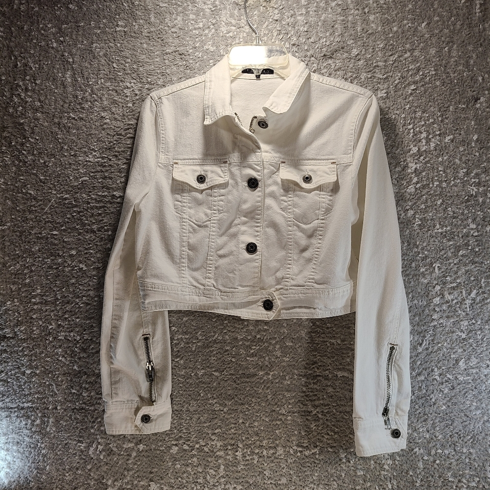 THEORY White Denim Crop Jacket Large Zip Button Up Pockets Zip Sleeves